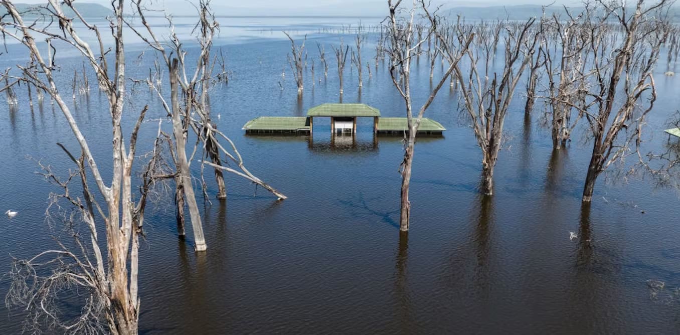 A May 2022 drone image of the submerged main entrance to Lake Nakuru National Park. Photo by James Wakibia/SOPA Images/LightRocket via Getty Images